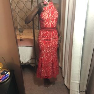 Red Geometric Lace High Neck Gown